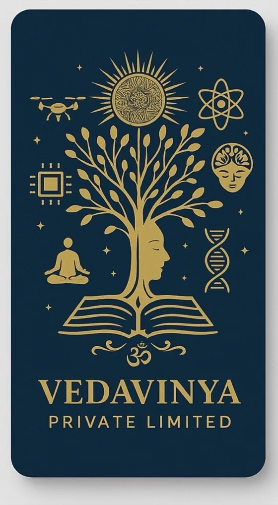 Vedavinya emblem — a sage seated under the tree of knowledge, surrounded by sun, yantra, atom, mind, breath and DNA in gold on navy